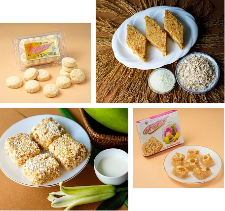 Four Myint Myint Khin products — packaged round biscuits, sesame-topped slices, coated squares with milk, and boxed golden sweets